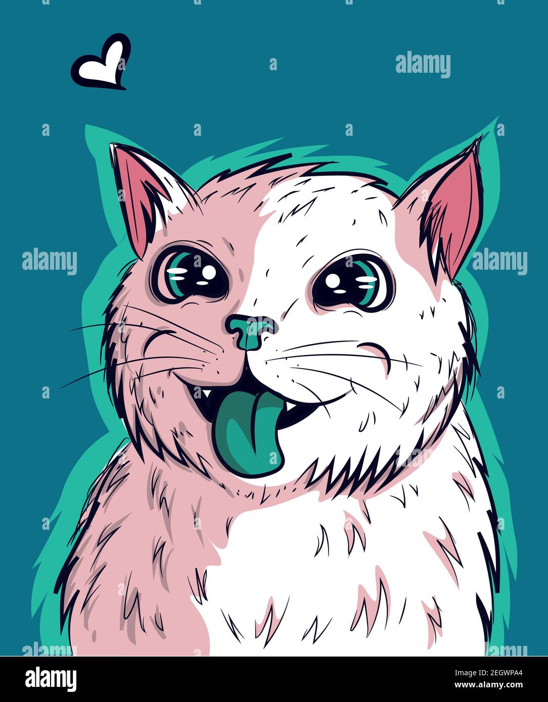 Vektor der weißen Kitty vibing mit seiner grünen Zunge aus. Katze mit großen Anime-Augen und psychedelischem Look. Stock Vektor