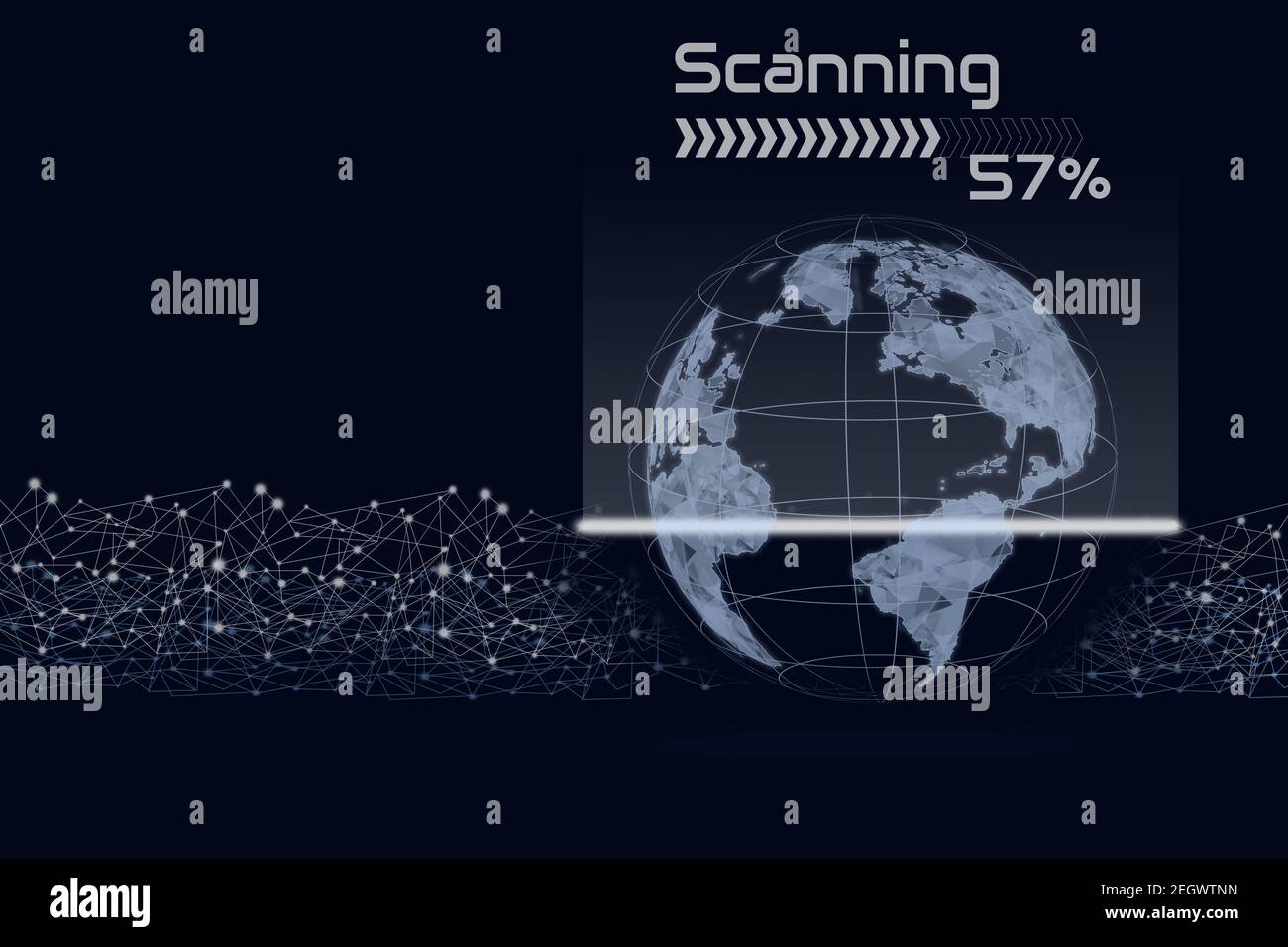 Scannen virtuelle Hologramm Erde auf dunkelblauem Hintergrund, das Konzept der Kommunikation Netzwerk, Reisen, Internet der Dinge und zukünftiges Leben. Stockfoto