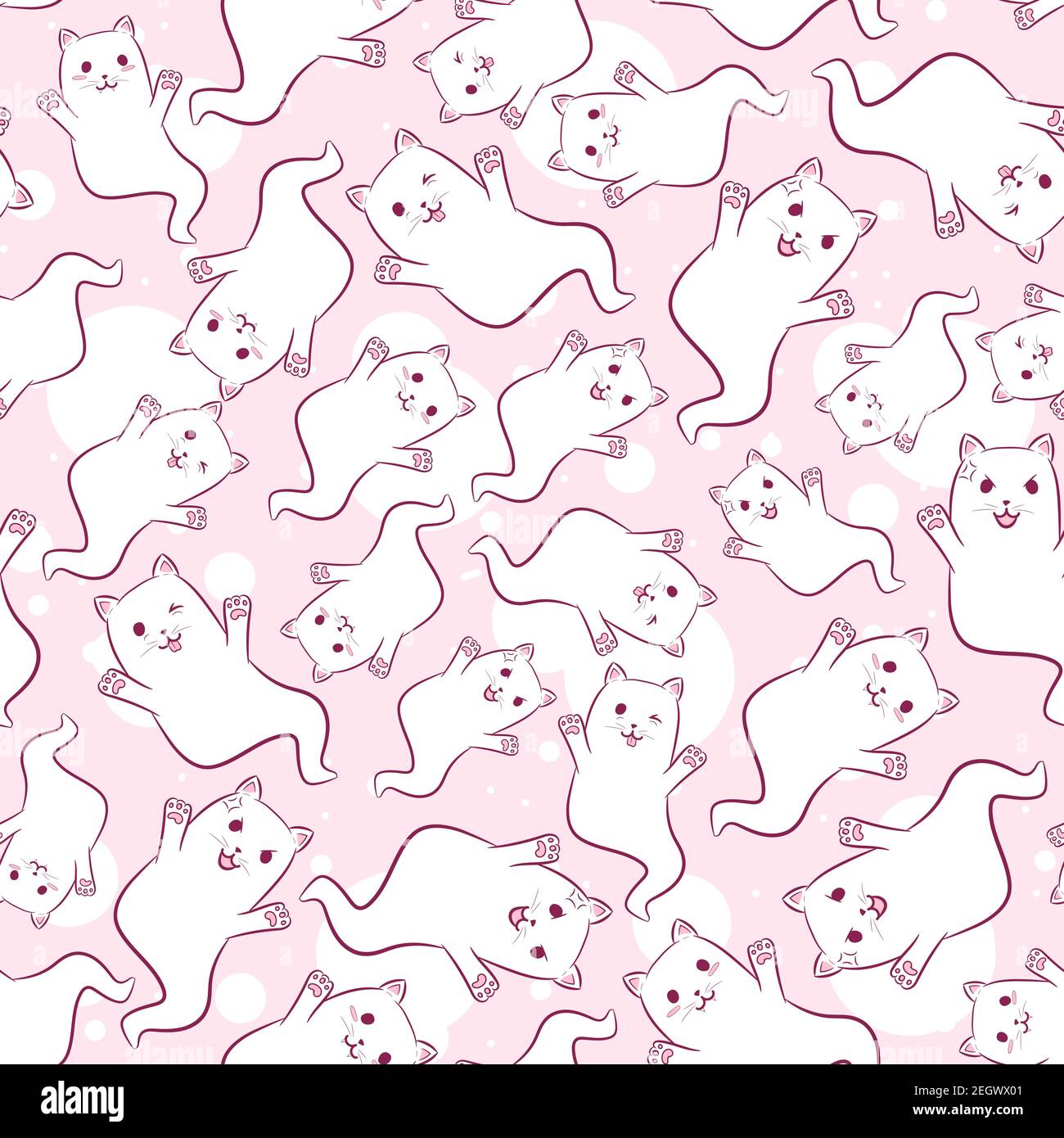 Kawaii Nahtloses Muster mit Geisterkatzen für Kinder und Babys. Repetitiver Hintergrund mit schwebenden Kätzchen für Halloween. Niedliche weiße Haustiere mit rosa Pfoten Stock Vektor