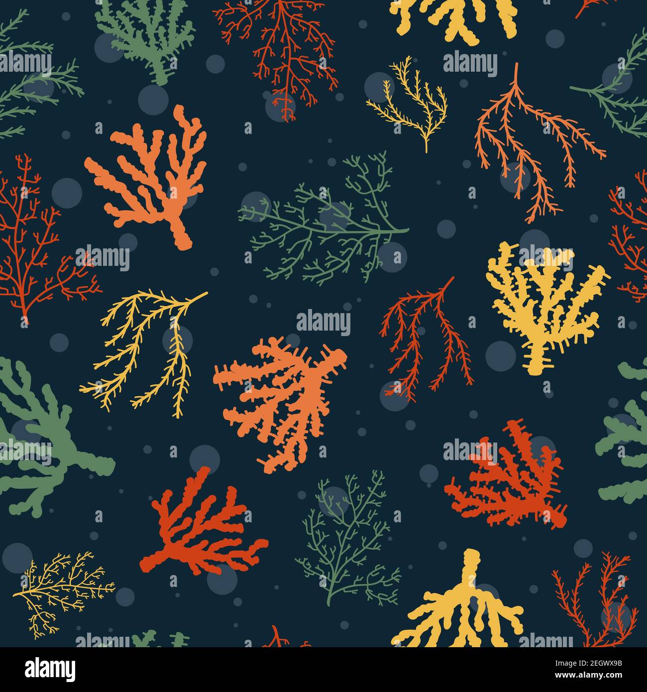 Meer und Meeresleben nahtlose Muster mit Korallen und Algen. Botanischer und tropischer Hintergrund mit Unterwasserpflanzen und Blasen. Sommer Stock Vektor