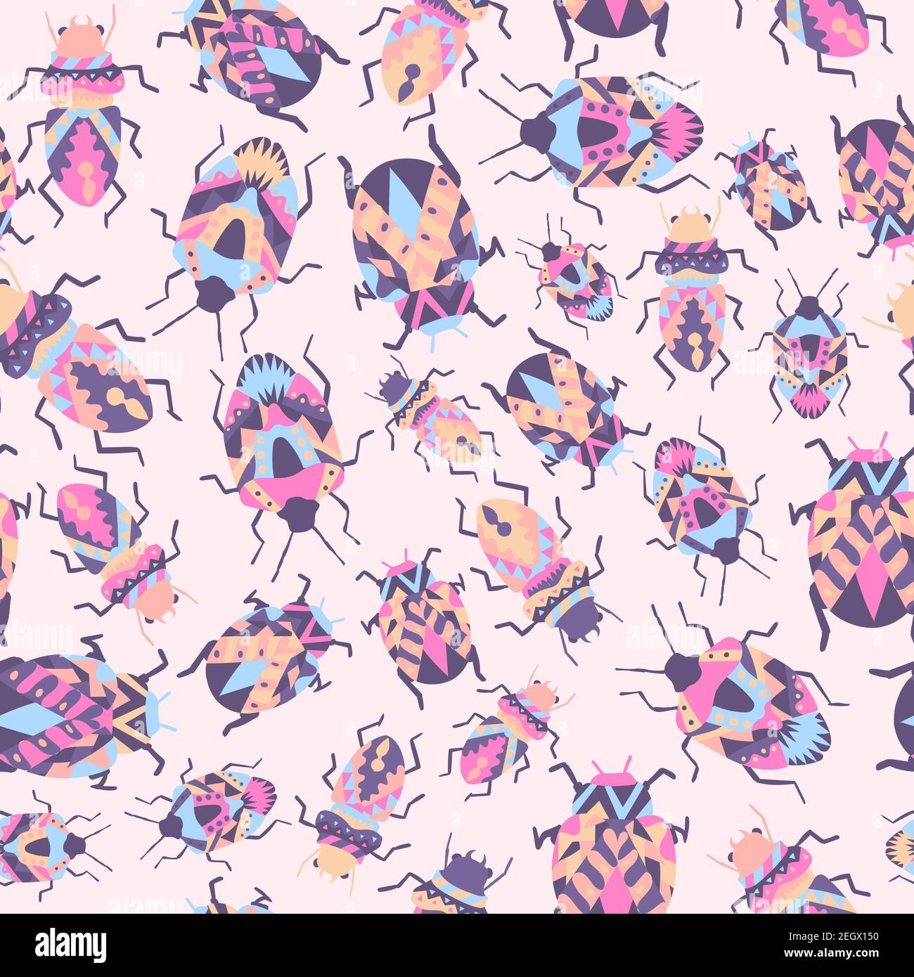 Tribal Wanzen mit Zierlinien Nahtloses Muster. Repetitiver Hintergrund mit böhmischen Insekten kriechen. Weiche Erdtöne und Pastelltöne Stock Vektor