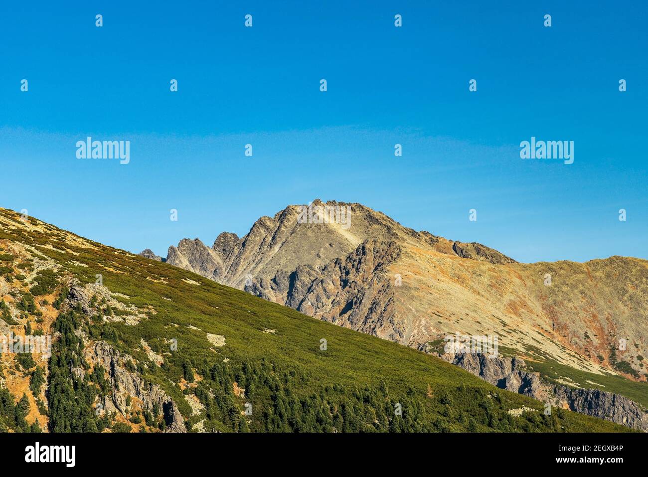 Herbst Vysoke Tatry Mountains - Teil des Hreben Bast Berg Grat über Mlynicka dolina Tal vom Wanderweg unten Chata Pod Soliskom in Slovaki Stockfoto