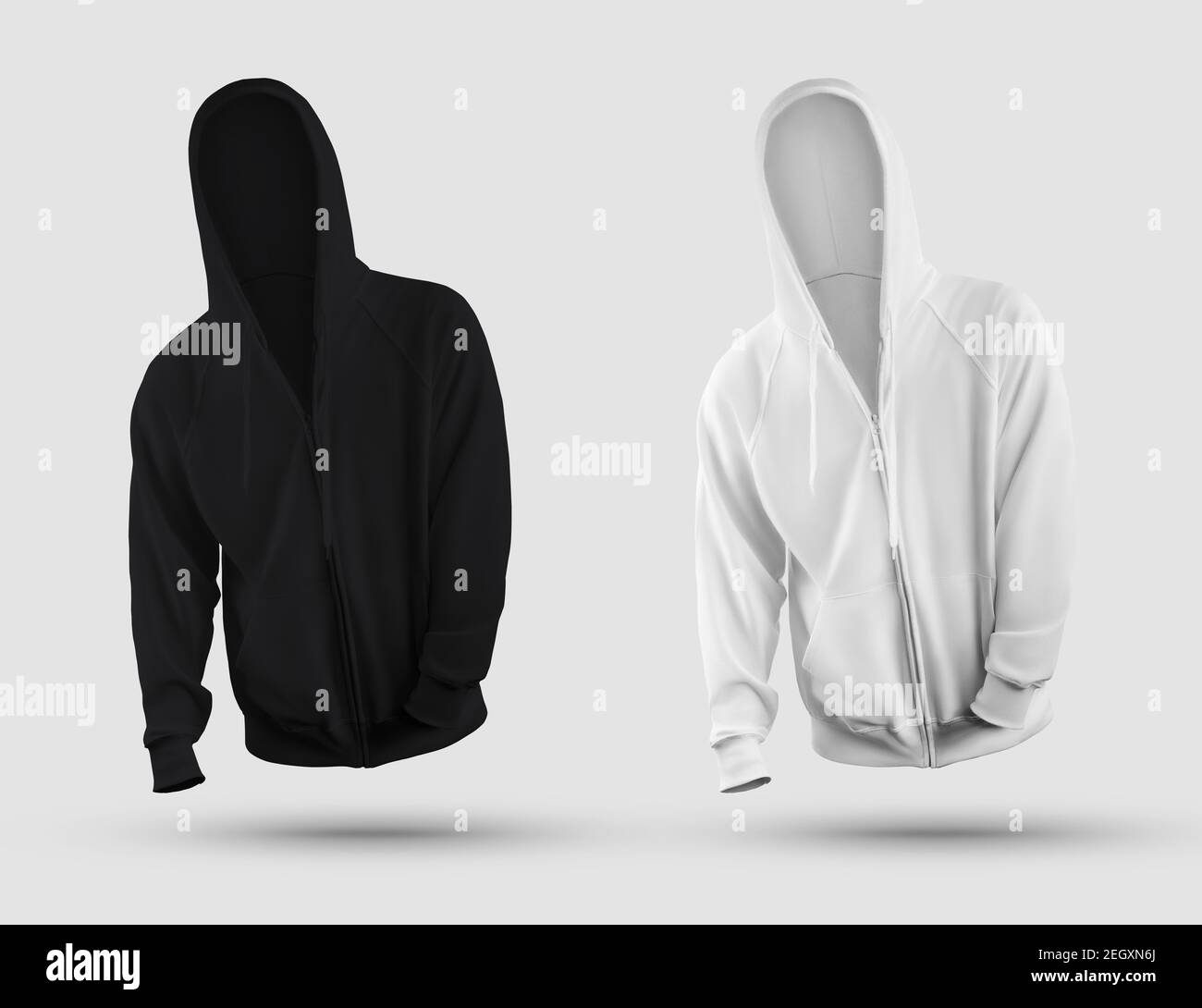 Männliche realistische Bekleidungsvorlage ohne Körper, weißer, schwarzer Hoodie mit Reißverschluss, Tasche, isoliert auf Hintergrund, vorne. Mockup Sweatshirt 3D Rendering, Stockfoto