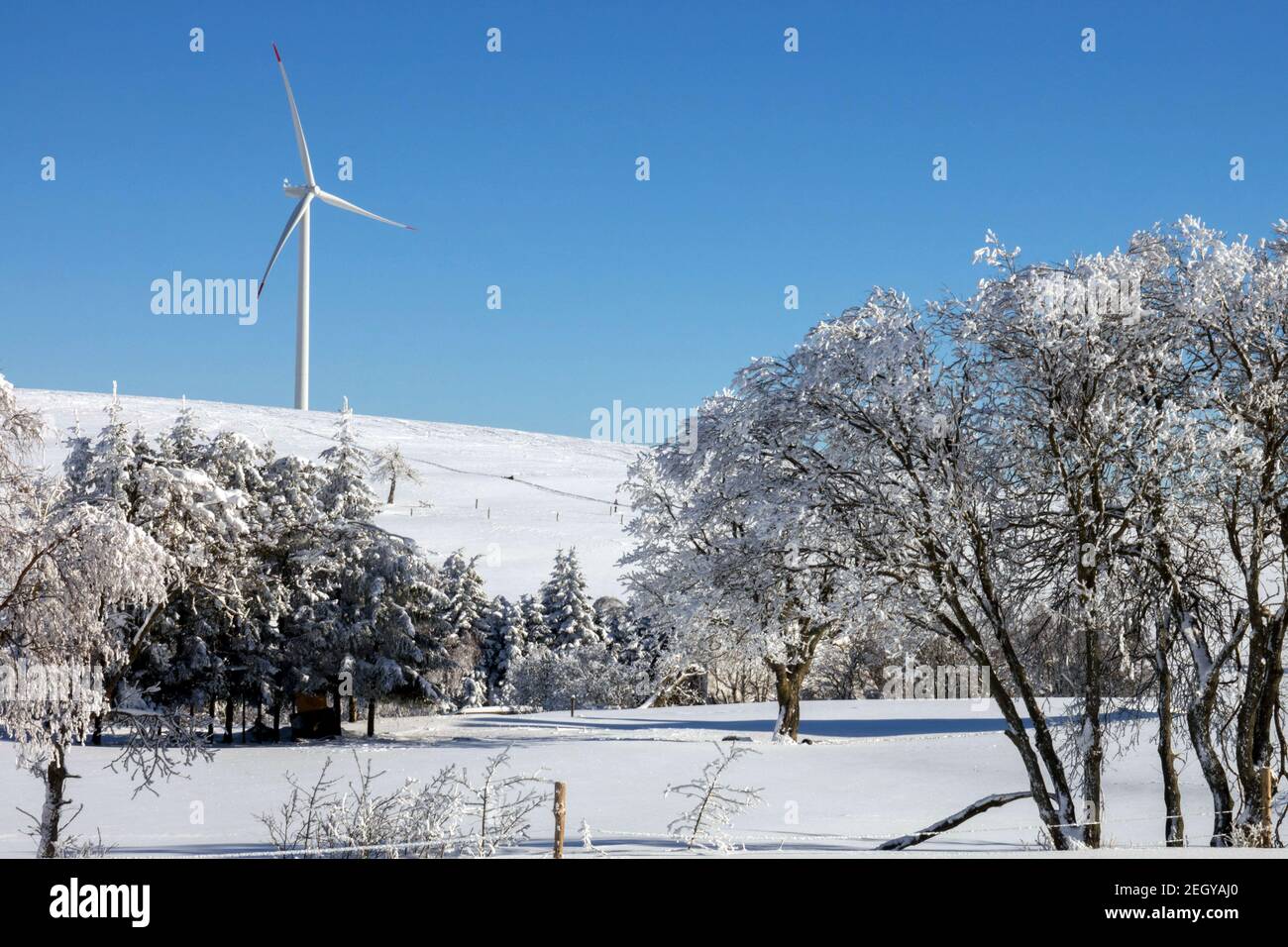 Windkraftanlage im Winterfeld, schneebedeckte Landschaft Stockfoto