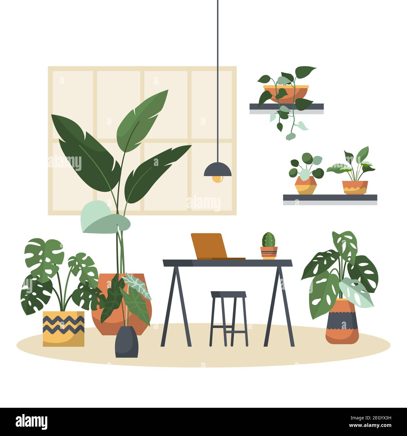 Tropische Zimmerpflanze Grüne dekorative Pflanze im Büro Arbeitsbereich Illustration Stock Vektor