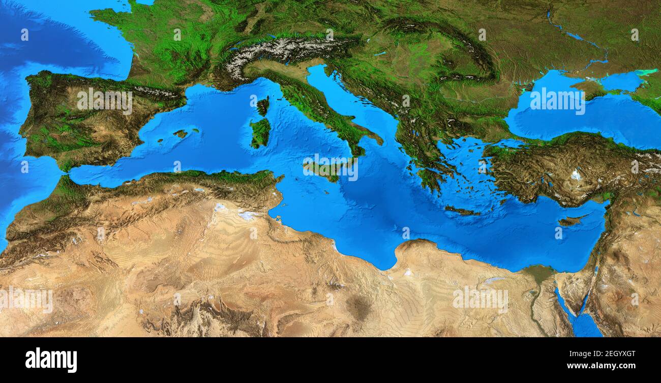 Physische Karte des Mittelmeers. Detaillierte flache Ansicht des Planeten Erde. 3D Illustration - Elemente dieses Bildes von der NASA Stockfoto