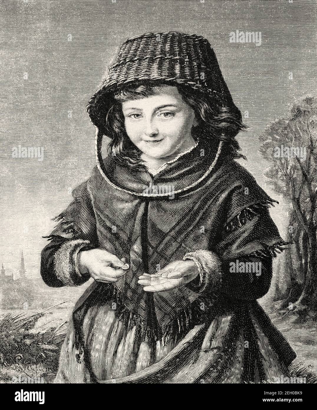 Junge Mädchen in der typischen neunzehnten Jahrhundert Zeitraum Kostüm  wieder auf dem Markt, Europa zu verkaufen gekleidet. Alte 19th Jahrhundert  gravierte Illustration von El Mundo Ilustrado 1879 Stockfotografie - Alamy