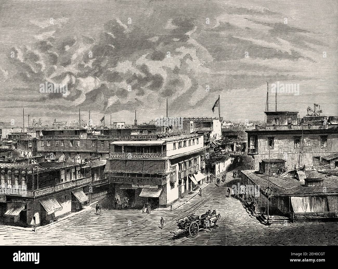 Straßenleben in der Hafenstraße in Callao, Lima metropoiitan Gegend, Peru, Südamerika. Alte 19th Jahrhundert gravierte Illustration von El Mundo Ilustrado 1879 Stockfoto