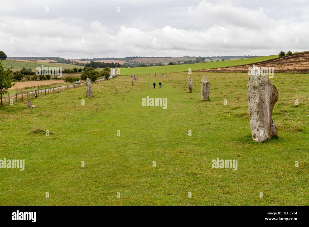 Blick auf die West Kennet Avenue of Sarsen Stones (mit Avebury Henge & Stone Circles vor der Kamera), Wiltshire, England. Stockfoto