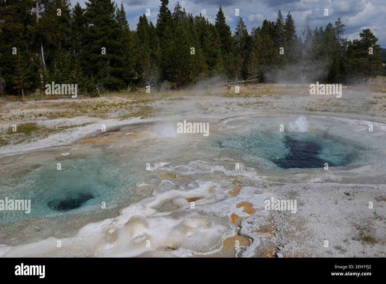 Farbenfrohe geothermische Merkmale im Old Faithful Geothermie Gebiet im Yellowstone Nationalpark, Wyoming, USA Stockfoto