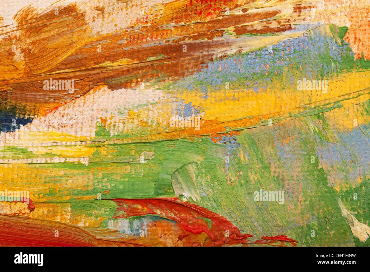 Die Textur der Leinwand, mit Ölfarben beschichtet. Trendige helle Farben, Kopierraum. Das Konzept einer kreativen Atmosphäre, künstlerische Veranstaltungen, Bildung, etc. Stockfoto