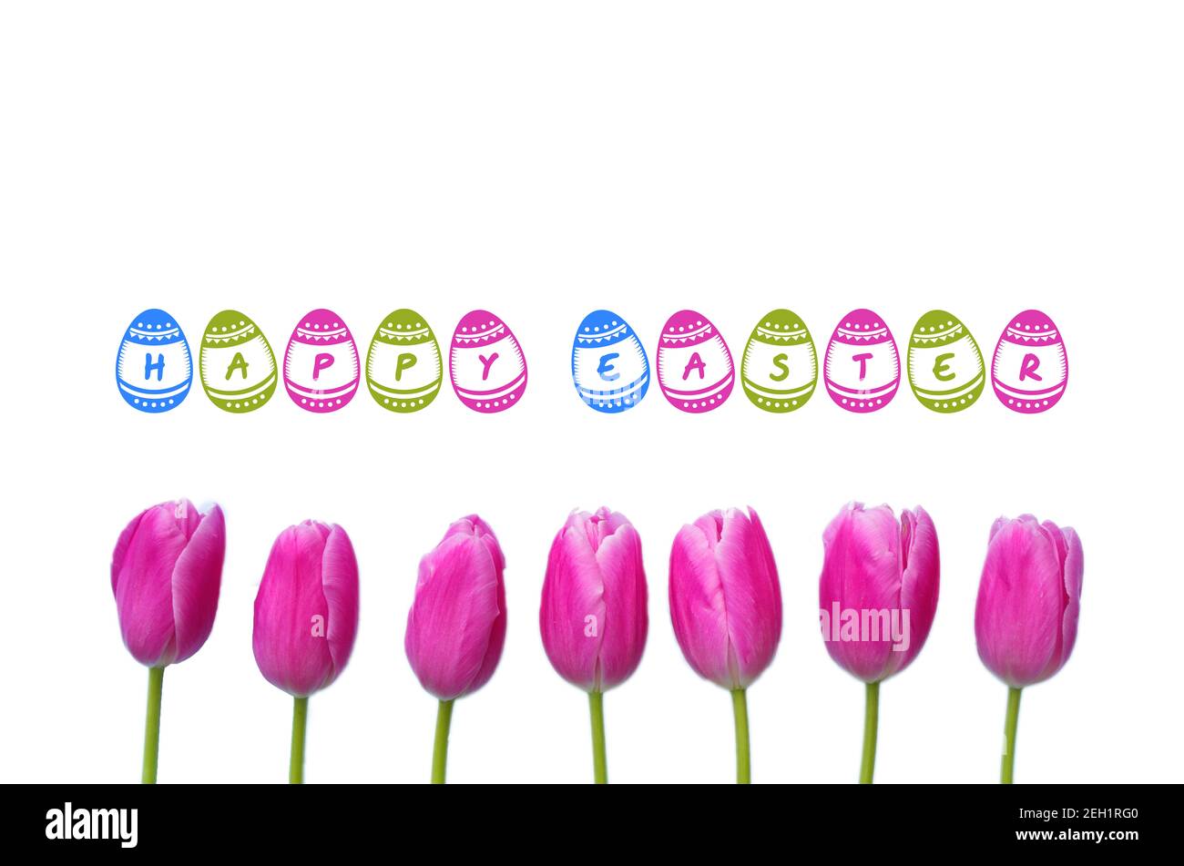 Frohe Ostern Poster und Banner Vorlage mit Ostereiern und rosa Tulpen auf weißem Hintergrund.Grüße und Geschenke zum Ostertag. Stockfoto