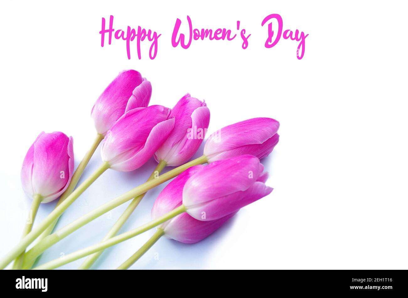Happy Womens Tag Text-Zeichen auf weißem Hintergrund mit rosa Tulpen. Stilvolle Wohnung lag mit Blumen Platz für Text. Grußkarte, Poster. Stockfoto