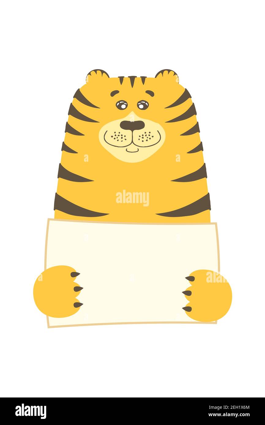 Niedliche Cartoon Tiger Katze Tier halten Tag Zeichen mit Kopierraum. Set Grußkarte Banner Einladung Flyer Broschüre. Cartoon Hand gezeichnet Stil. Kleines p Stock Vektor