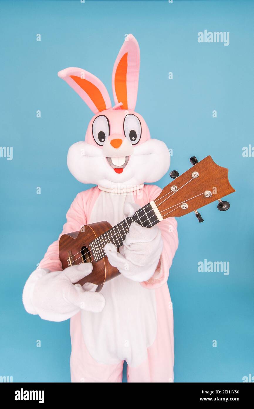Positive lustige Musiker Gitarrist spielt Musik von Ukulele oder Hawaii-Gitarre isoliert auf blau. Osterhase oder Kaninchen oder Hase feiert Frohe ostern Stockfoto