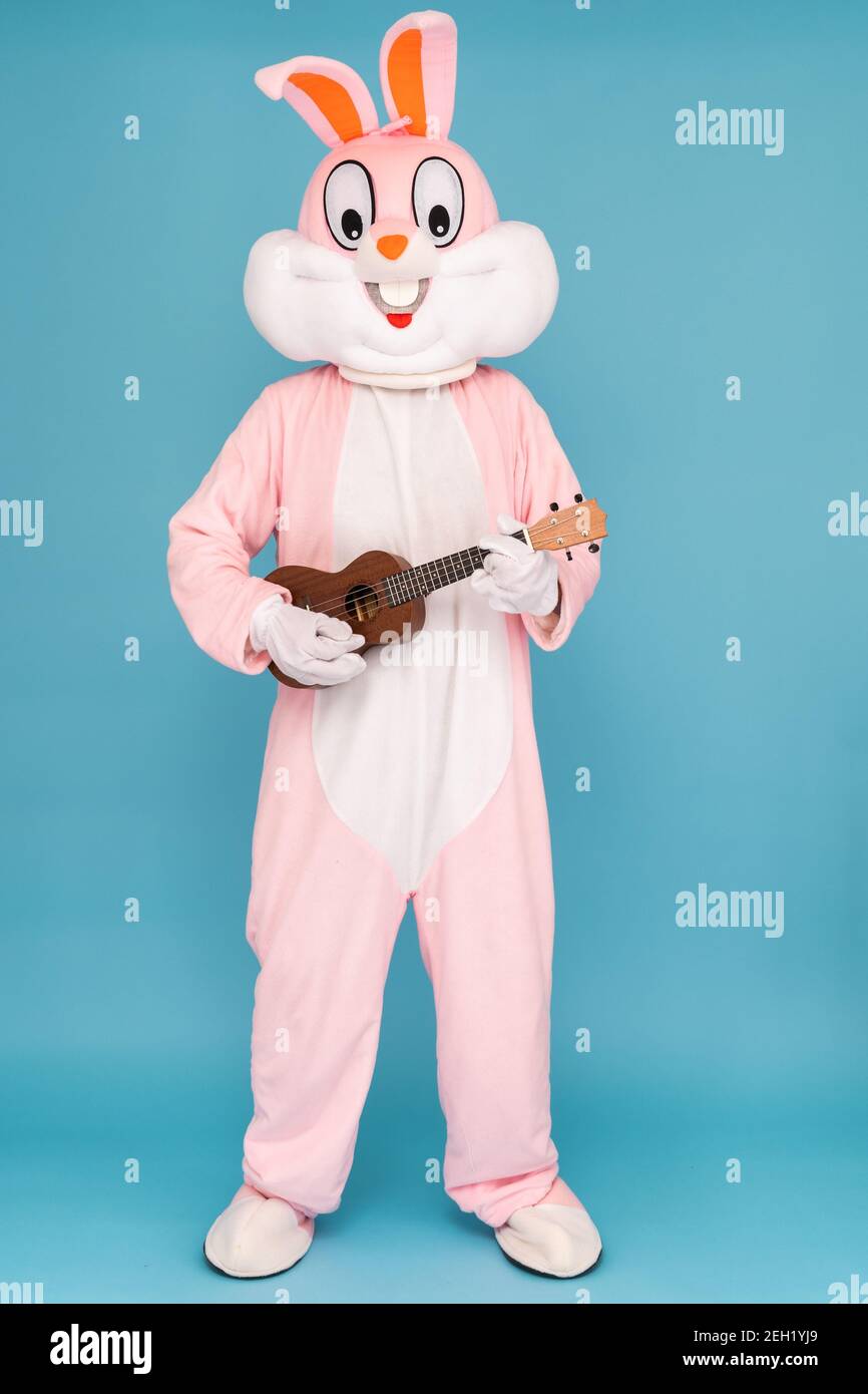 Gitarrist oder Gitarrist spielt Musik von Ukulele. Osterhase oder Kaninchen oder Hase feiert Happy easter, Tanz, spielt Musik von Hawaiian Stockfoto