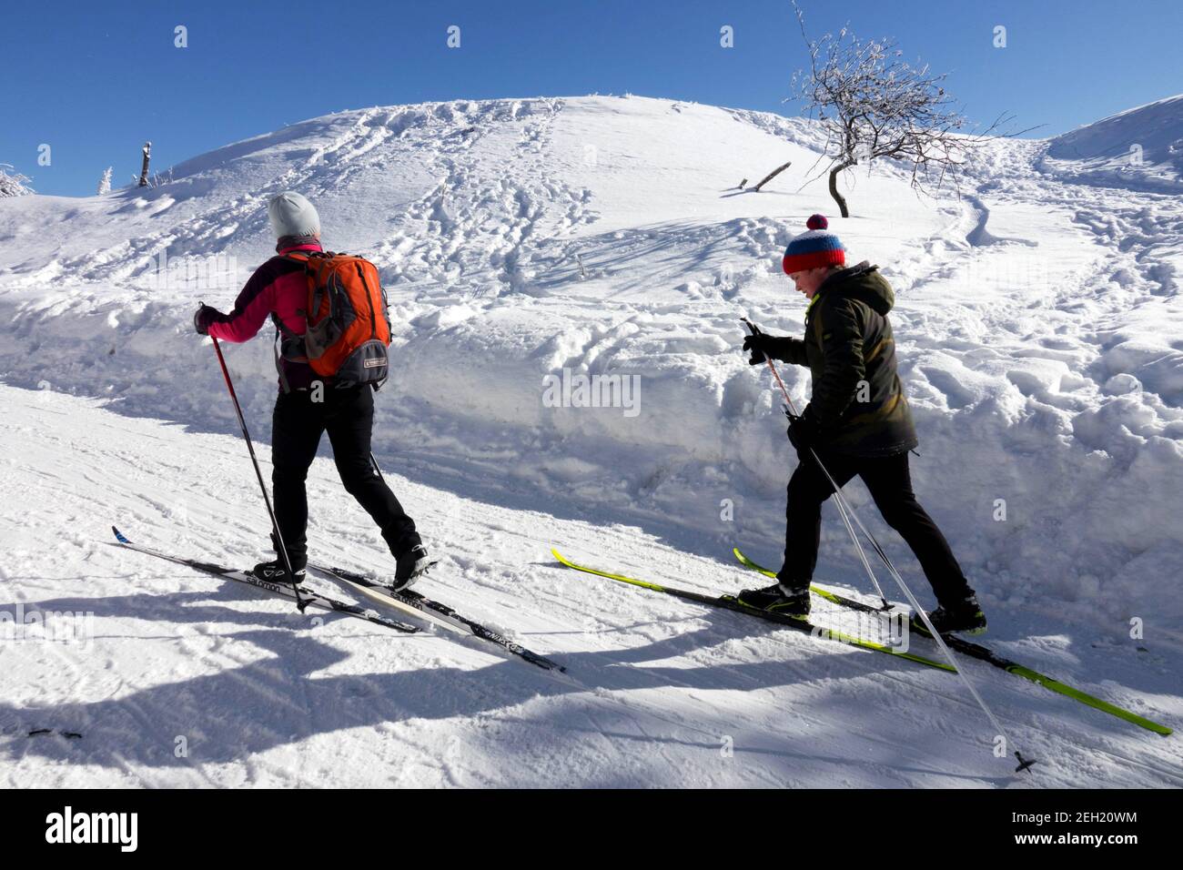 Zwei Skifahrer Skifahren in der Winterschneeszene Tschechische Berge Winter Stockfoto
