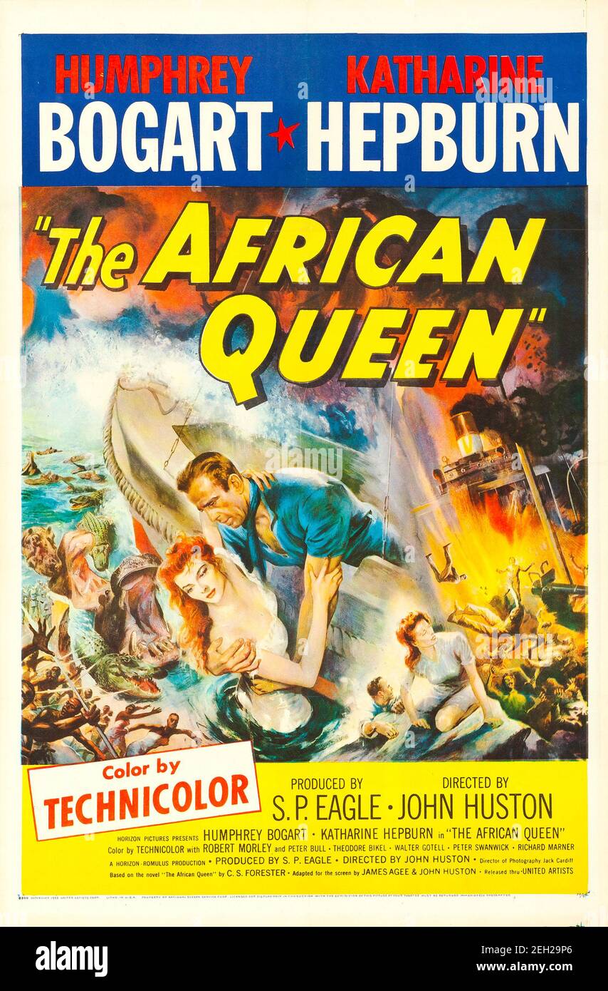 Humphrey Bogart, Katharine Hepburn, Filmposter „The African Queen“. Farbe von Technicolor. Regie: John Huston. 1951. Stockfoto