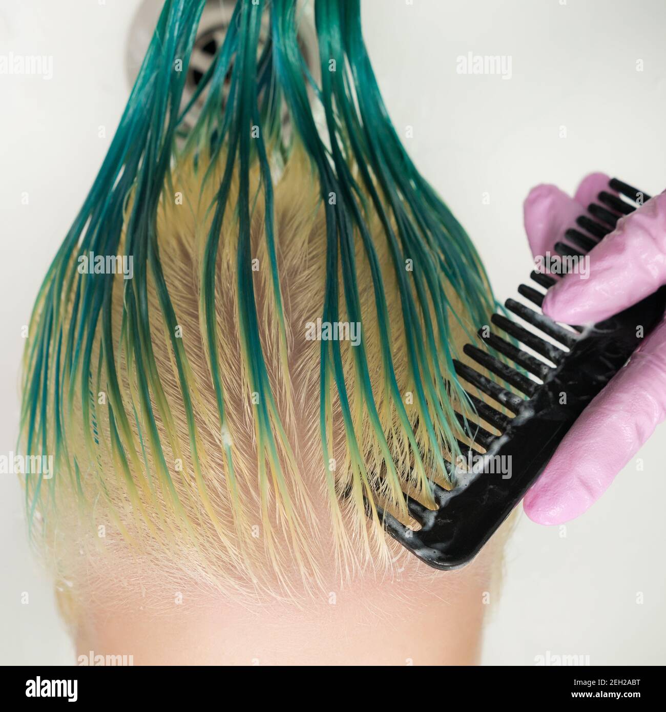 High-Angle-Aufnahme von Friseursalon Kämmen nassen langen grünen und verfärbten Haar, während in der Dusche in speziellen weißen Schönheitssalon Waschbecken Shampoonieren. Stockfoto