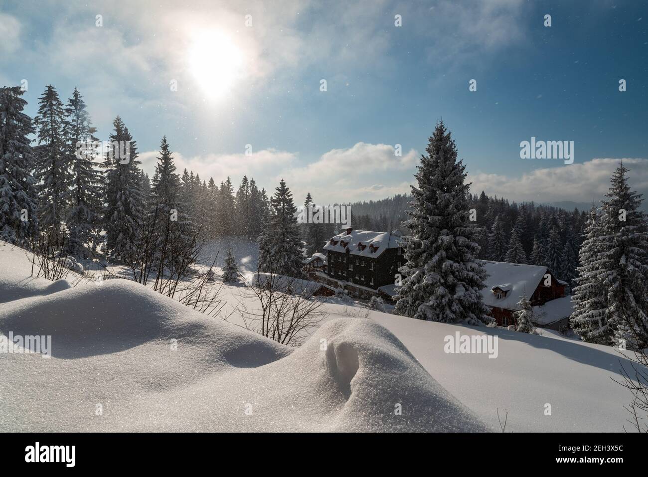 Winter auf Bily kriz in Moravskoslezske Beskiden Berge auf tschechisch - slowakischen Grenzen mit wenigen Gebäuden, Schnee und Bäumen Stockfoto