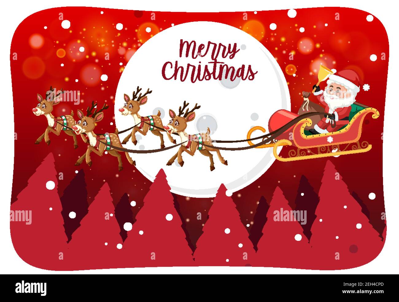 Merry Christmas Schriftart mit Santa Claus auf einem Schlitten in Illustration der Schneeszene Stock Vektor