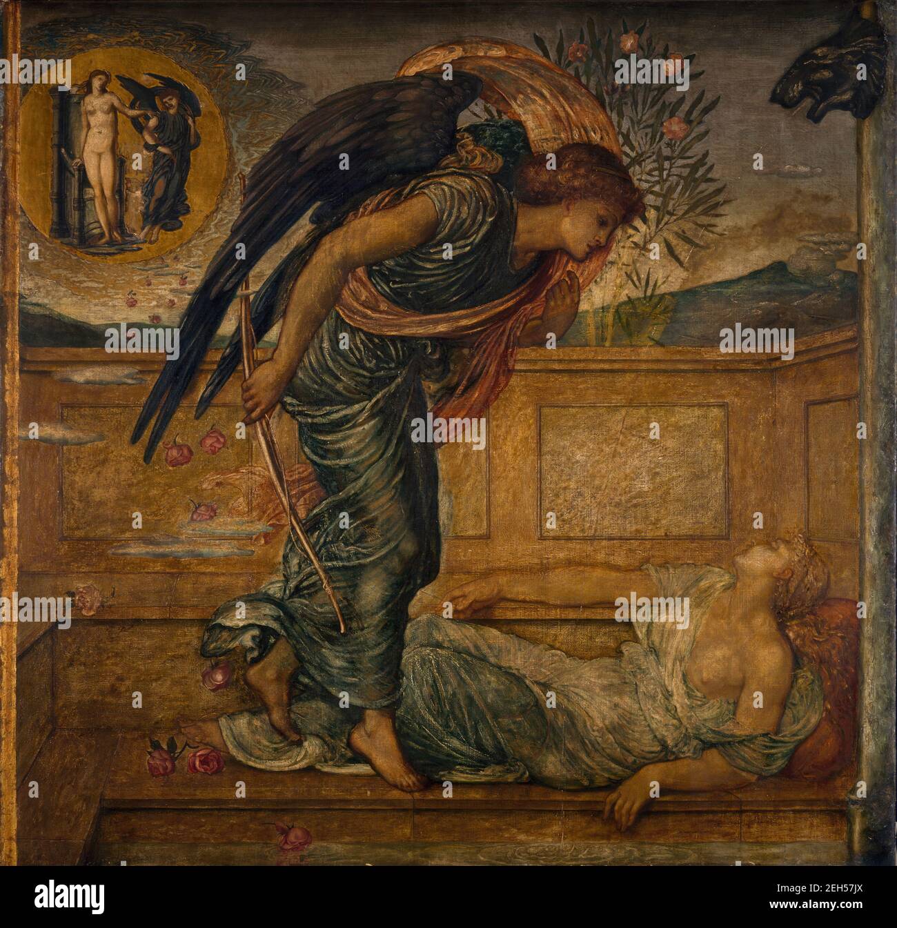 Amor und Psyche - Palace Green Murals - Amor finden Psyche schlafend an einem Brunnen, 1881. Eine Szene aus William Morris' 'das irdische Paradies'. Stockfoto