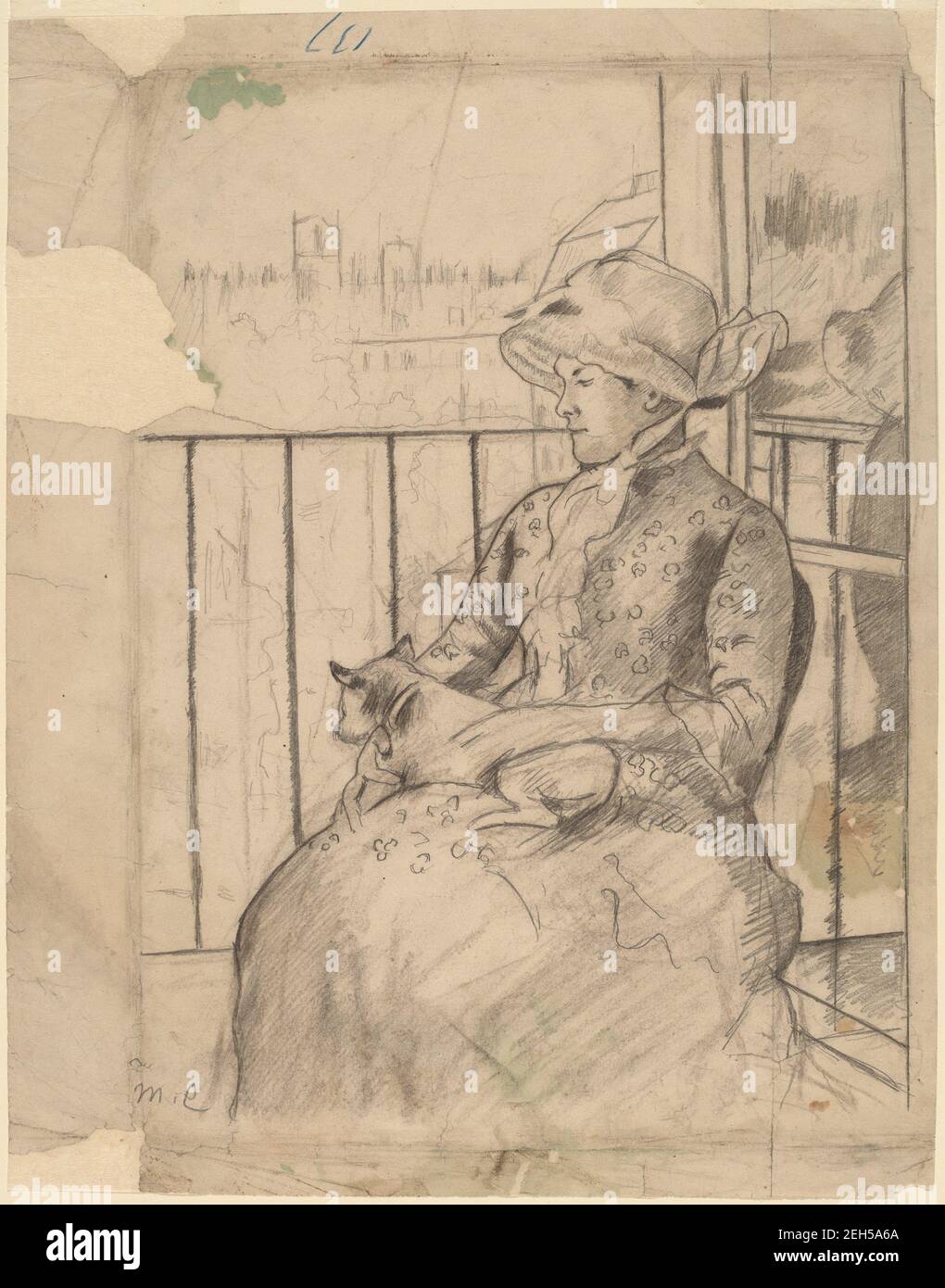 Susan auf einem Balkon hält einen Hund [recto], c. 1883. Stockfoto