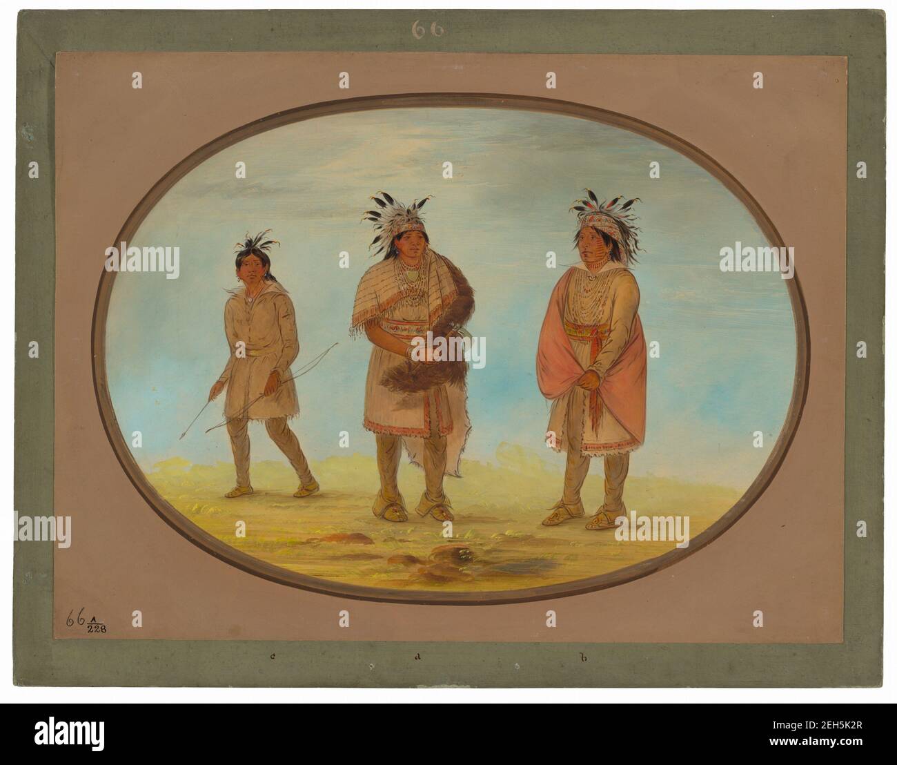 Zwei Kriegerinnen und eine Frau, 1861/1869. Go-to-kow-p&#xe1;h-a (mit tomahwak), Wa-p&#XF3;n-je-a (ein Krieger) und SWA-nee (Wea Woman) im Bundesstaat Michigan. 1834. Stockfoto
