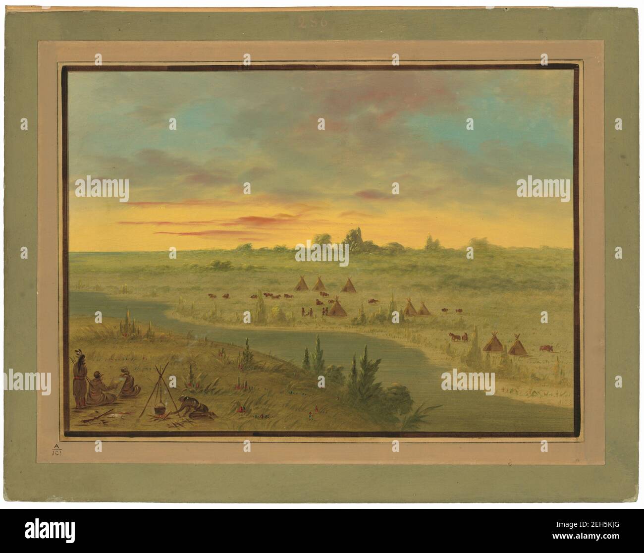 Lager der Pawnee Indianer bei Sonnenuntergang, 1861/1869. Auf der Platte. 1833. Stockfoto