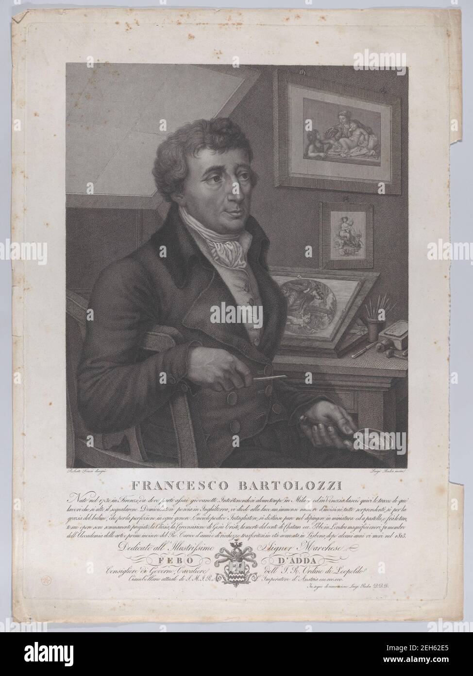 Porträt von Francesco Bartolozzi, sitzend, mit einer Lupe mit Druckwerkzeugen und einer Platte auf dem Schreibtisch hinter ihm, 1827. Stockfoto