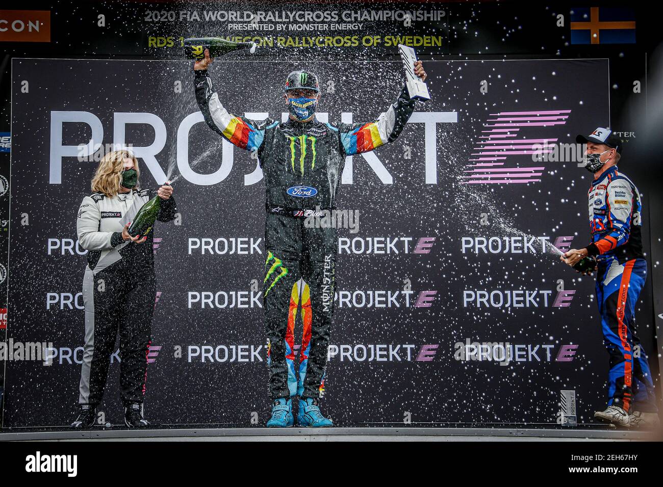 Projekt E, BLOCK Ken (USA), Ford Fiesta, Action Podium Ambiente während der Swecom World RX of Sweden, 2nd Runde der 2020 FIA World Rallycross Championship, FIA WRX, am 23. August 2020 auf dem Holjes Motorstadion, in Holjes, Schweden - Foto Paulo Maria / DPPI Stockfoto