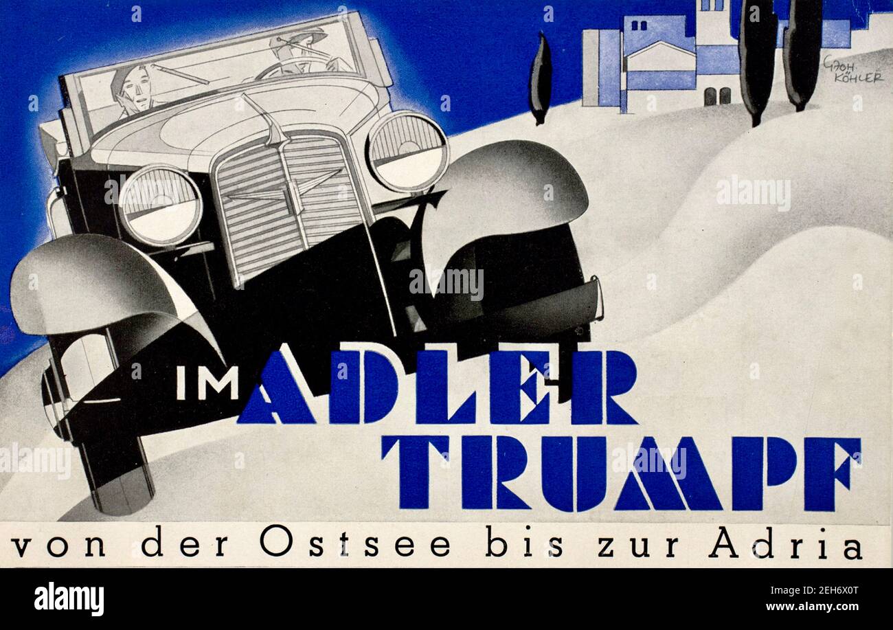 Retro Vintage Werbeplakat entworfen von Johann George van Caspel. Werbeplakat für das Adler TRUMPF Automobil. Stockfoto