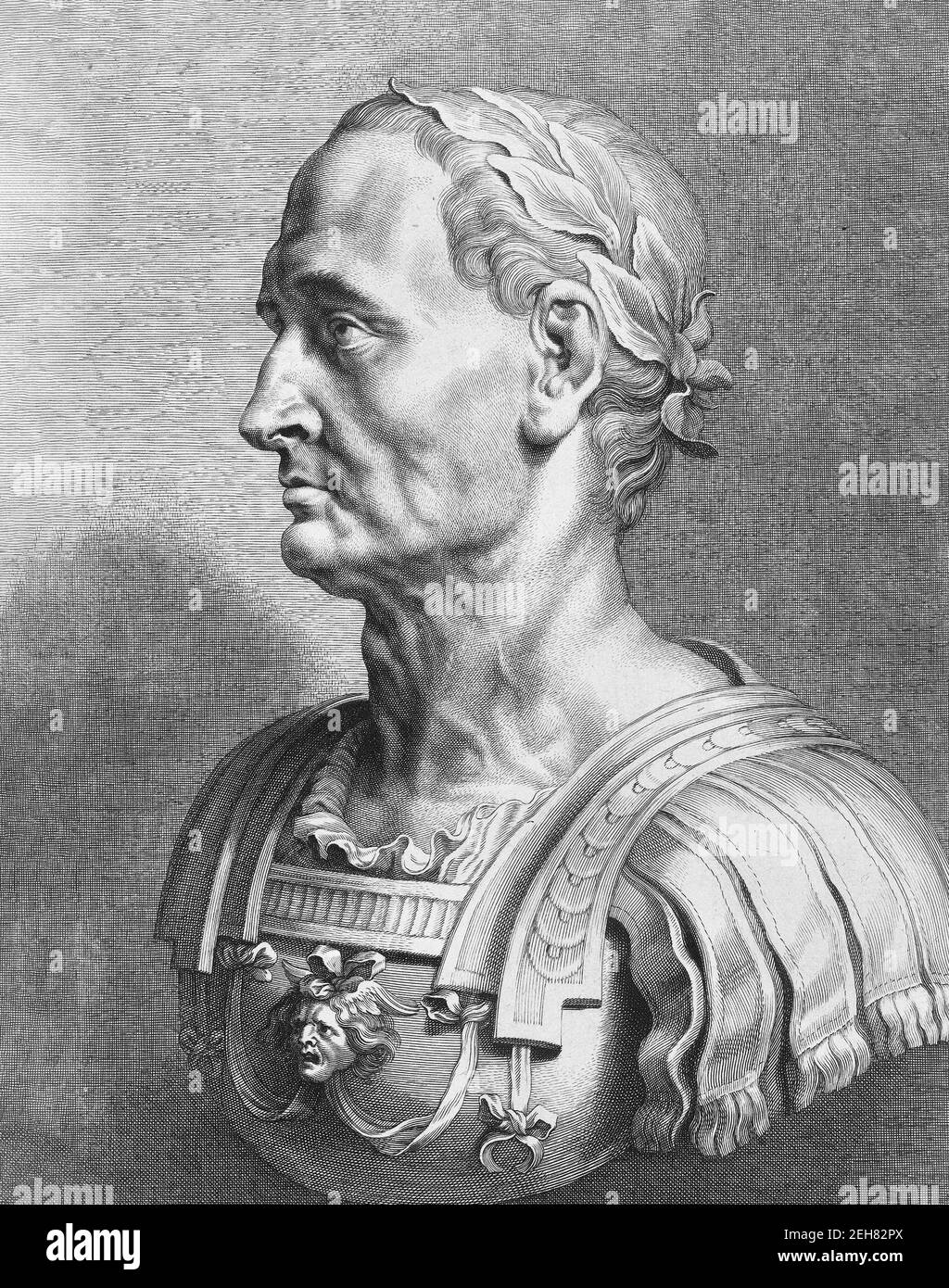 Julius Caesar. Porträt des römischen Diktators Julius Caesar (100 v. Chr. - 44 v. Chr.), 17th. Jh. Gravur einer Marmorbüste Stockfoto