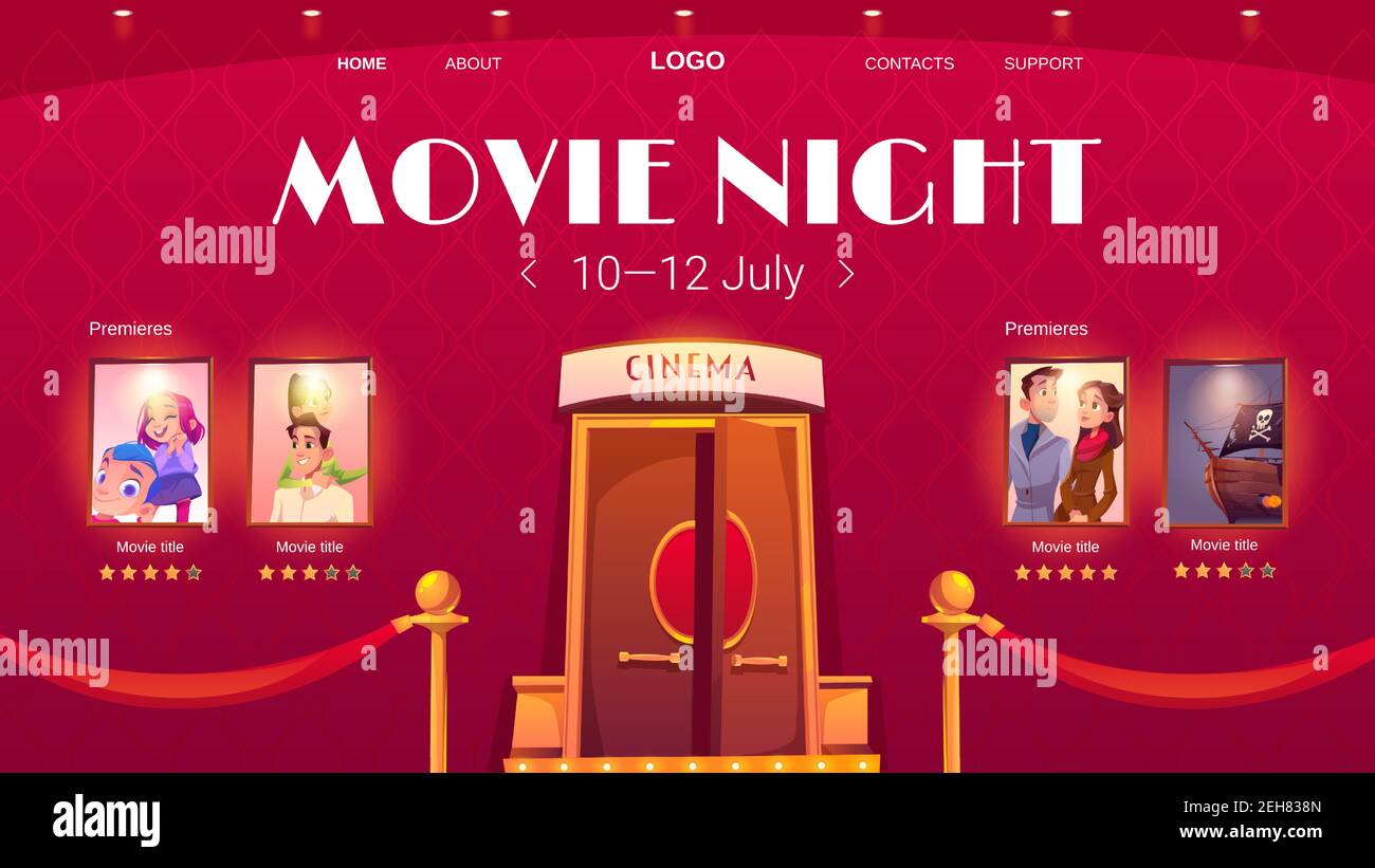 Movie Night Cartoon Landing Page, Einladung Werbung zum Kinofestival, Show-Unterhaltung oder Konzert mit Eingang zur Halle und Filmplakate an der roten Wand mit Glühlampen, Vector Web Banner Stock Vektor Movie Night Cartoon Landing Page, Einladung Werbung zum Kinofestival, Show-Unterhaltung oder Konzert mit Eingang zur Halle und Filmplakate an der roten Wand mit Glühlampen, Vector Web Banner Stock Vektor