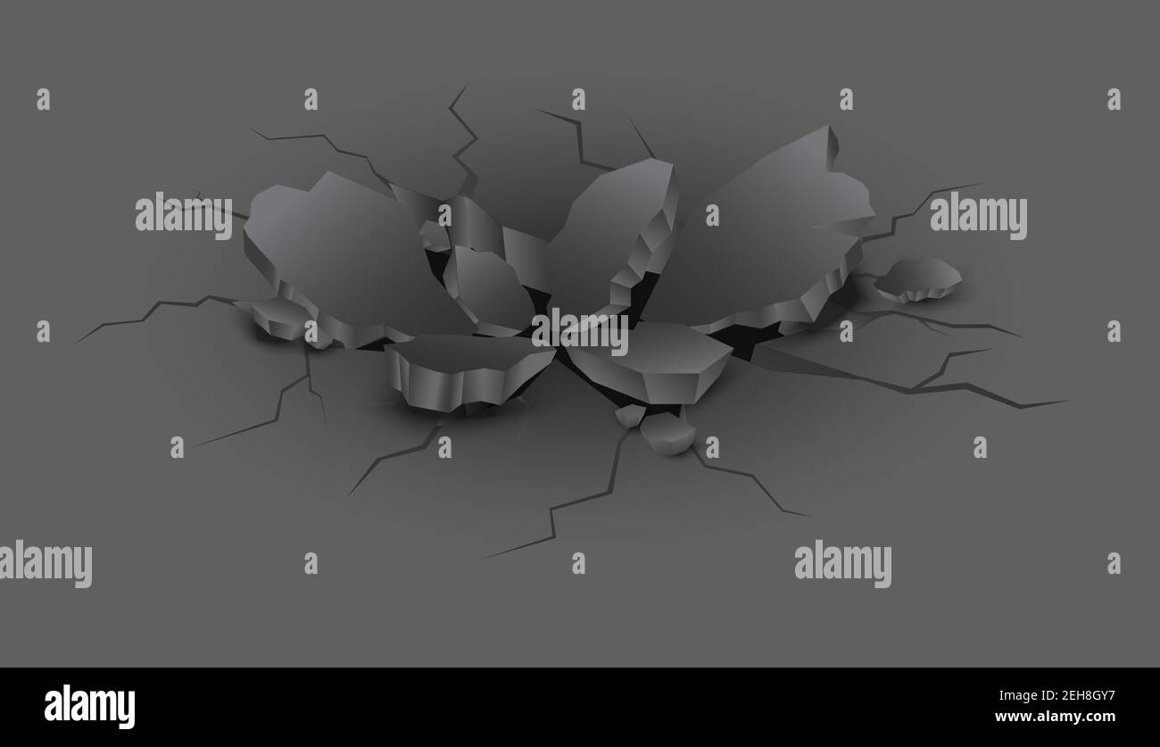 Realistischer schwarzer Riss in der Erde mit Steinstücken. Stock Vektor