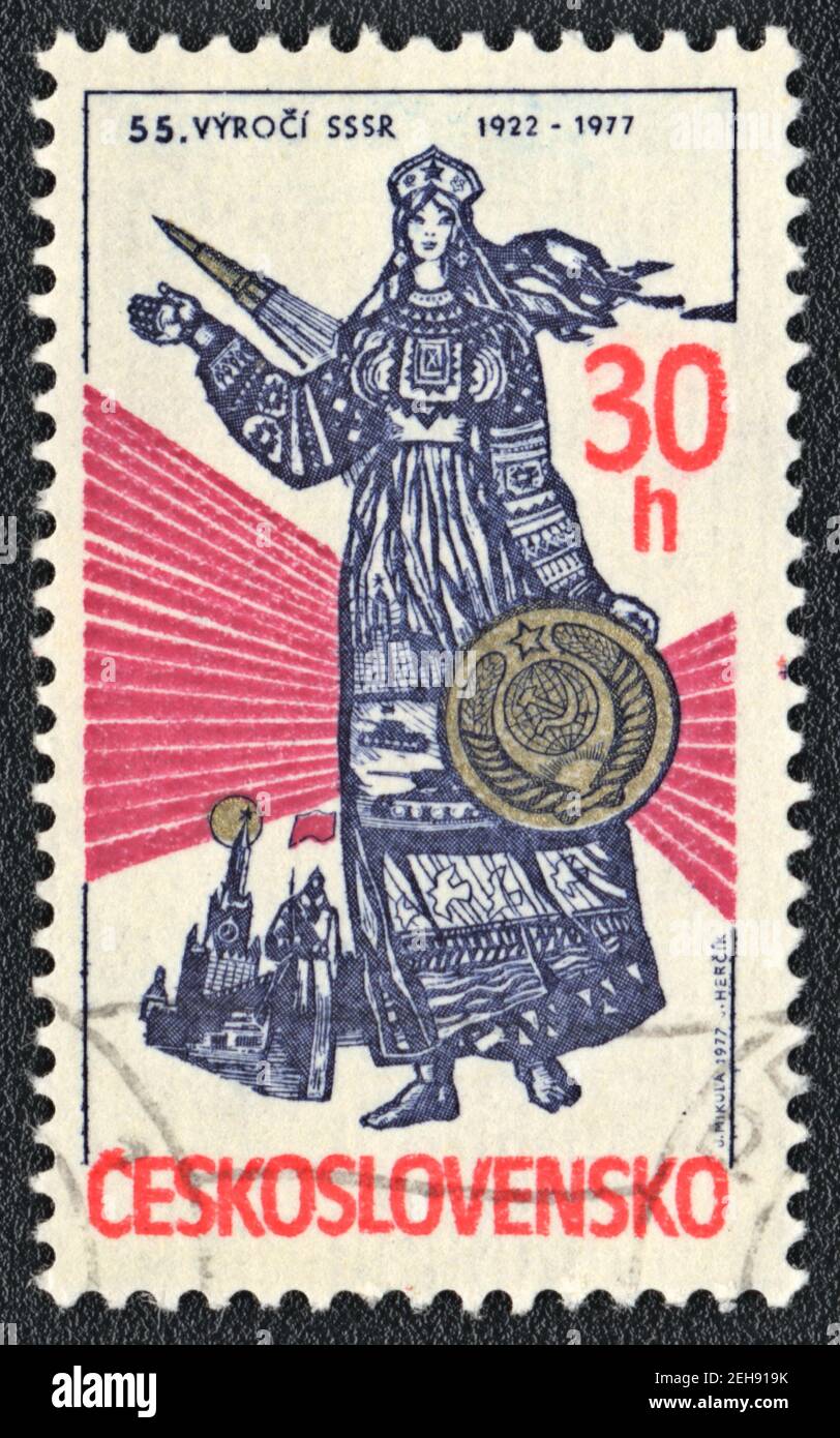 Briefmarke. 55 Jahre Gründung der UdSSR, 1922-1977, Tschechoslowakei, 1977 Stockfoto