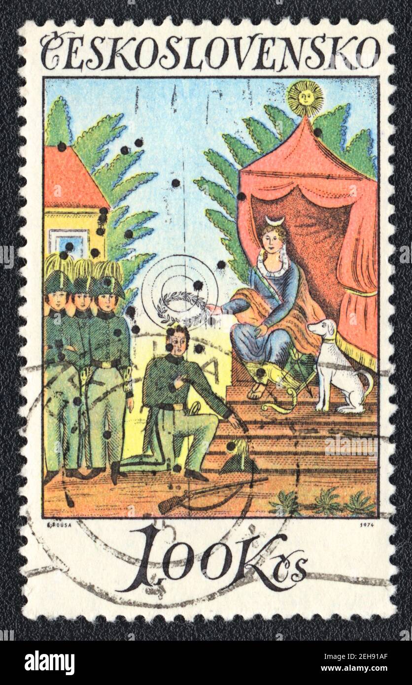 Briefmarke. Diana krönender Schützenmeister (1832), Schießziele, Tschechoslowakei 1974 Stockfoto
