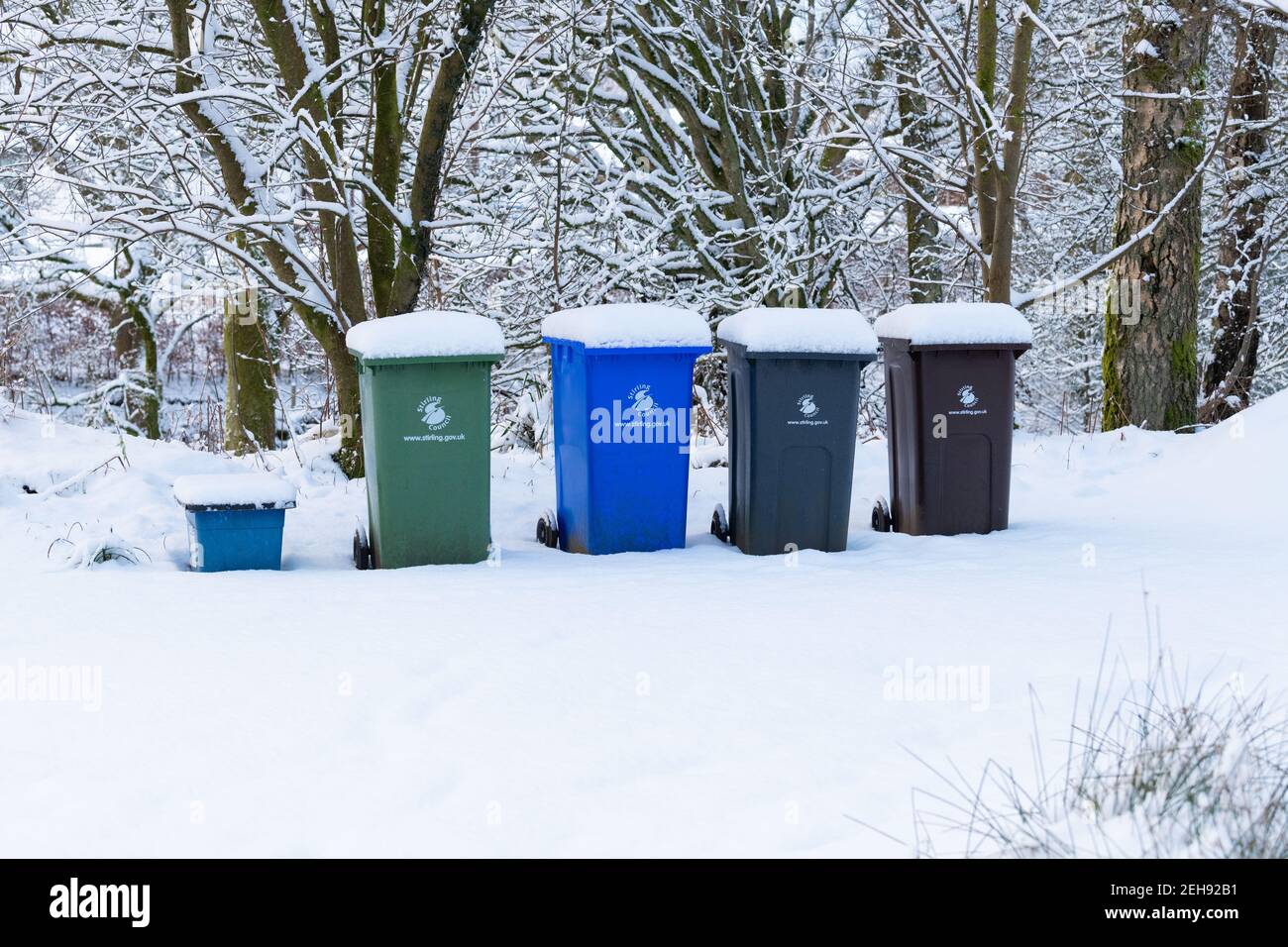 Recycling und Hausmüll Mülltonnen im Schnee - Stirling, Schottland, Großbritannien Stockfoto