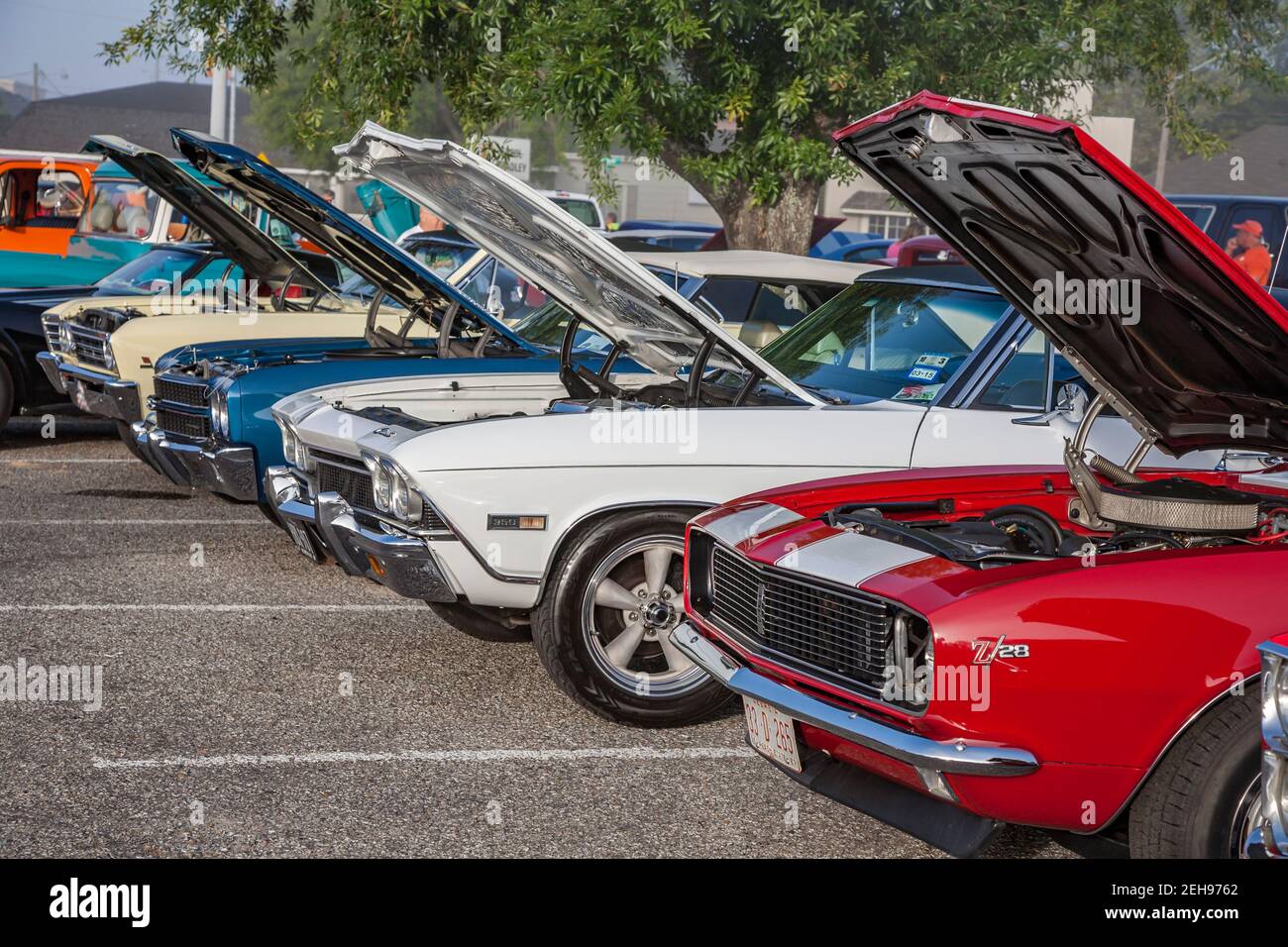 Oldtimer säumen die Straßen der Innenstadt von Biloxi Mississippi während des jährlichen Cruisin' the Coast Events. Stockfoto