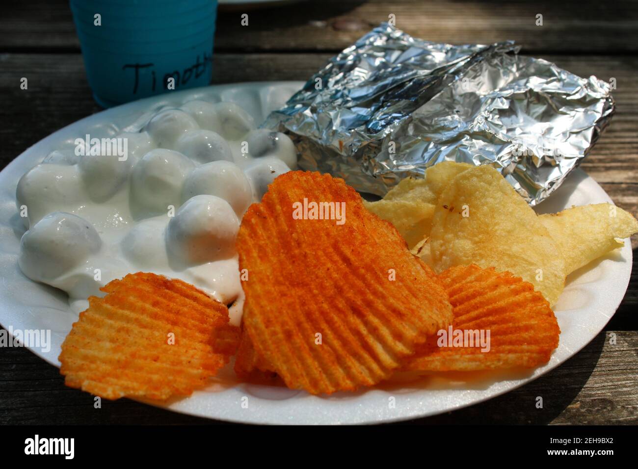 Picknick-Mahlzeit einer Grilltilla, Kartoffelchips und beschichtete Trauben, auf Picknick-Tisch. East Harbor State Park, Ohio Stockfoto
