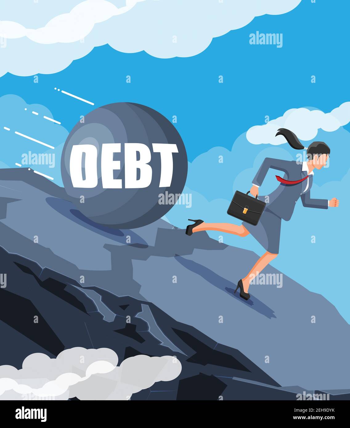 Geschäftsfrau auf Berg läuft weg von großen Schulden Gewicht. Geschäftsfrau mit Aktentasche und Abrissball. Steuern, Schulden, Gebühren, Krisen und Konkurs. Vektorgrafik im flachen Stil Stock Vektor