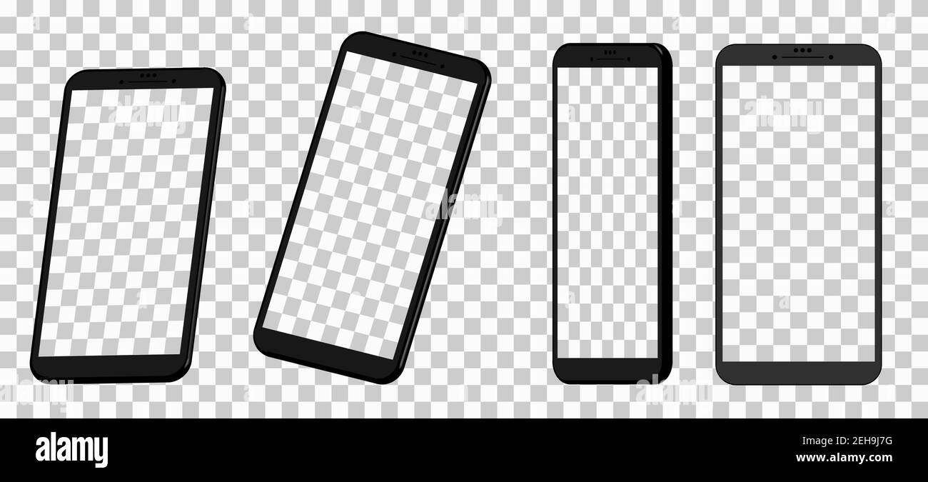 Vier Smartphone-Mockups in verschiedenen 3D Projektionen. Vorlagen für UI-Design. Schwarz auf leerem Hintergrund, leere Bildschirme. Stock Vektor
