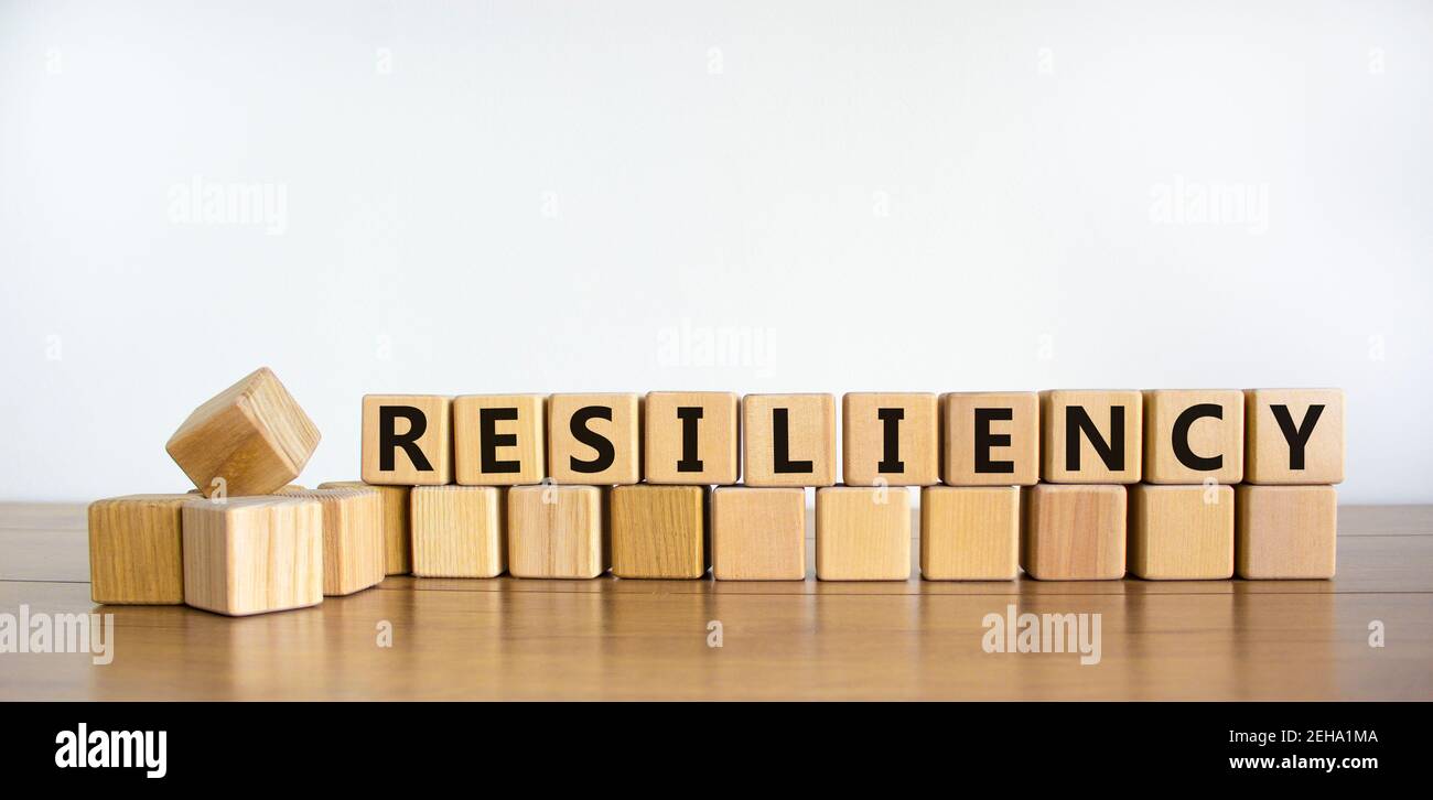 Symbol für Ausfallsicherheit. Wort 'Resiliency' auf Holzklötzen geschrieben. Speicherplatz kopieren. Schöner Holztisch, weißer Hintergrund. Business- und Ausfallsicherheit. Stockfoto