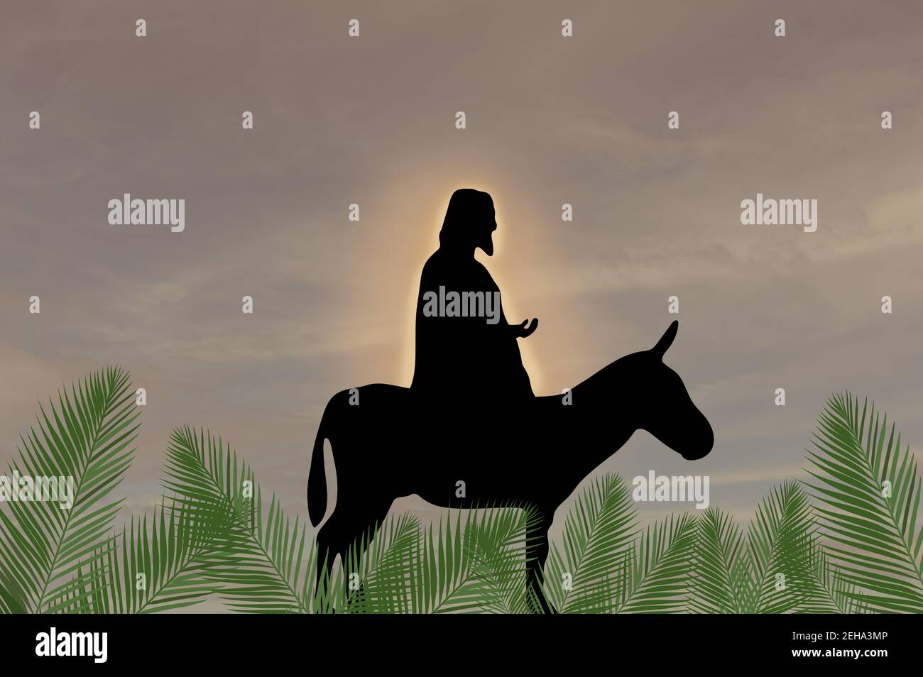 Triumphaler Eintritt Jesu in Jerusalem über den Esel; Palmsonntag. Konzept Christian Ostern. Stockfoto