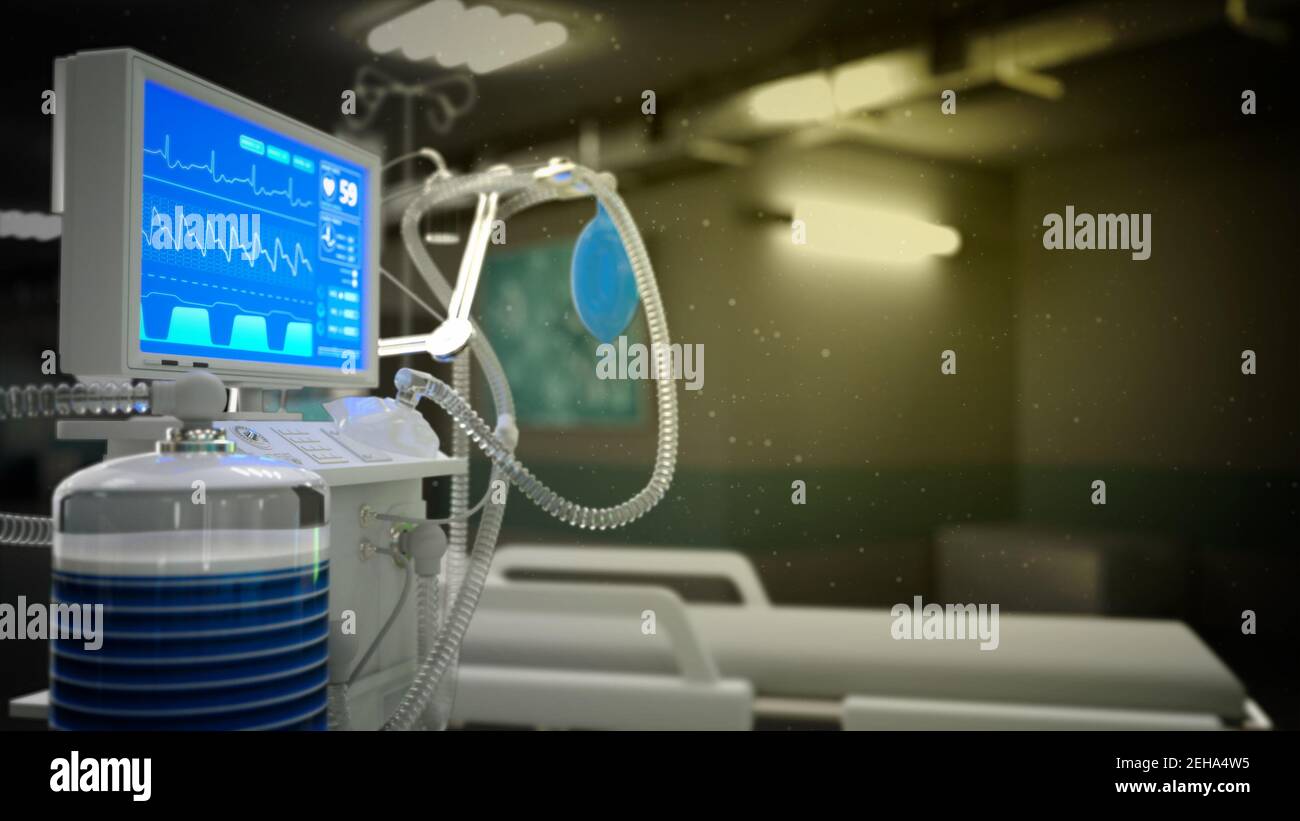 ITS-Beatmungsgerät in der Klinik, cg Healthcare 3D Illustration Stockfoto