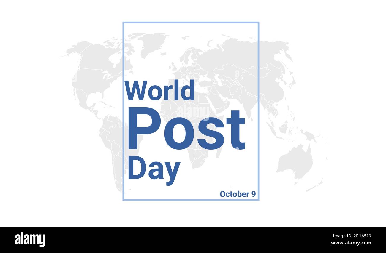 World Post Day internationale Urlaubskarte. Oktober 9 grafisches Plakat mit Erdkugelkarte, blauer Text. Banner im flachen Design. Lizenzfreie Vektorgrafik Abb. Stock Vektor