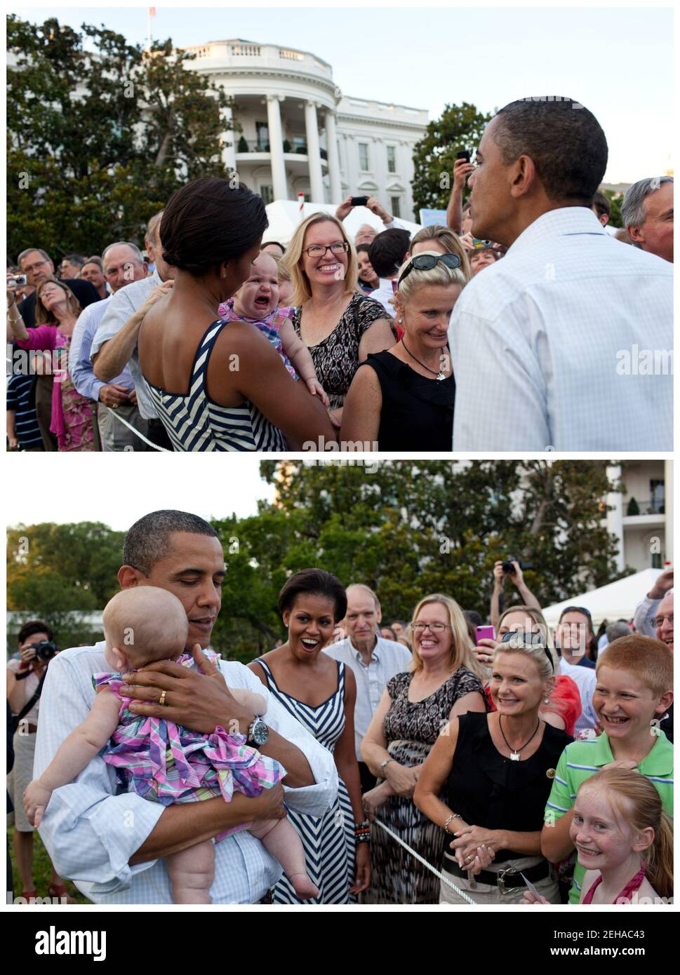 15. Juni 2011 "Rufen Sie ihn das Baby Schnuller. Beim Kongress-Picknick auf dem South Lawn hielt die First Lady ein kleines Baby, das zu weinen begann (oberes Foto). Der Präsident kam dann herüber, um das gleiche Baby zu halten und konnte sie ruhig machen, als die First Lady im Hintergrund des unteren Fotos erstaunt reagierte." Stockfoto