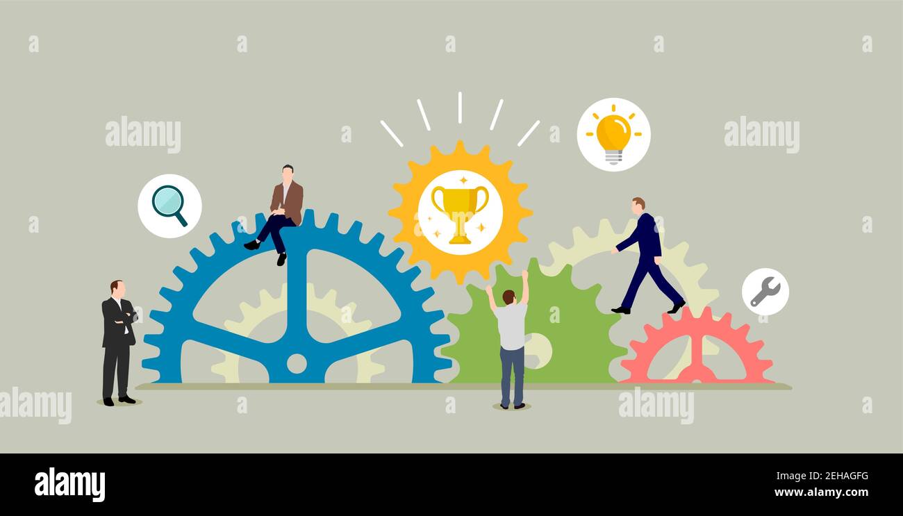 Business Success ( Trophäe ) Konzept Vektor Illustration. Zahnrad und Menschen. Stock Vektor