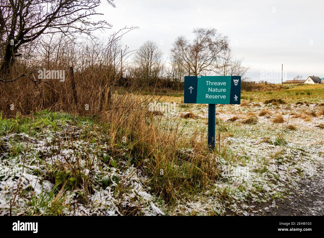 Castle Douglas, Schottland - 27th. Dezember 2020: National Trust for Scotland, Welcome to Threave Nature Reserve Schild bei Threave Estate, Castle Douglas, Stockfoto
