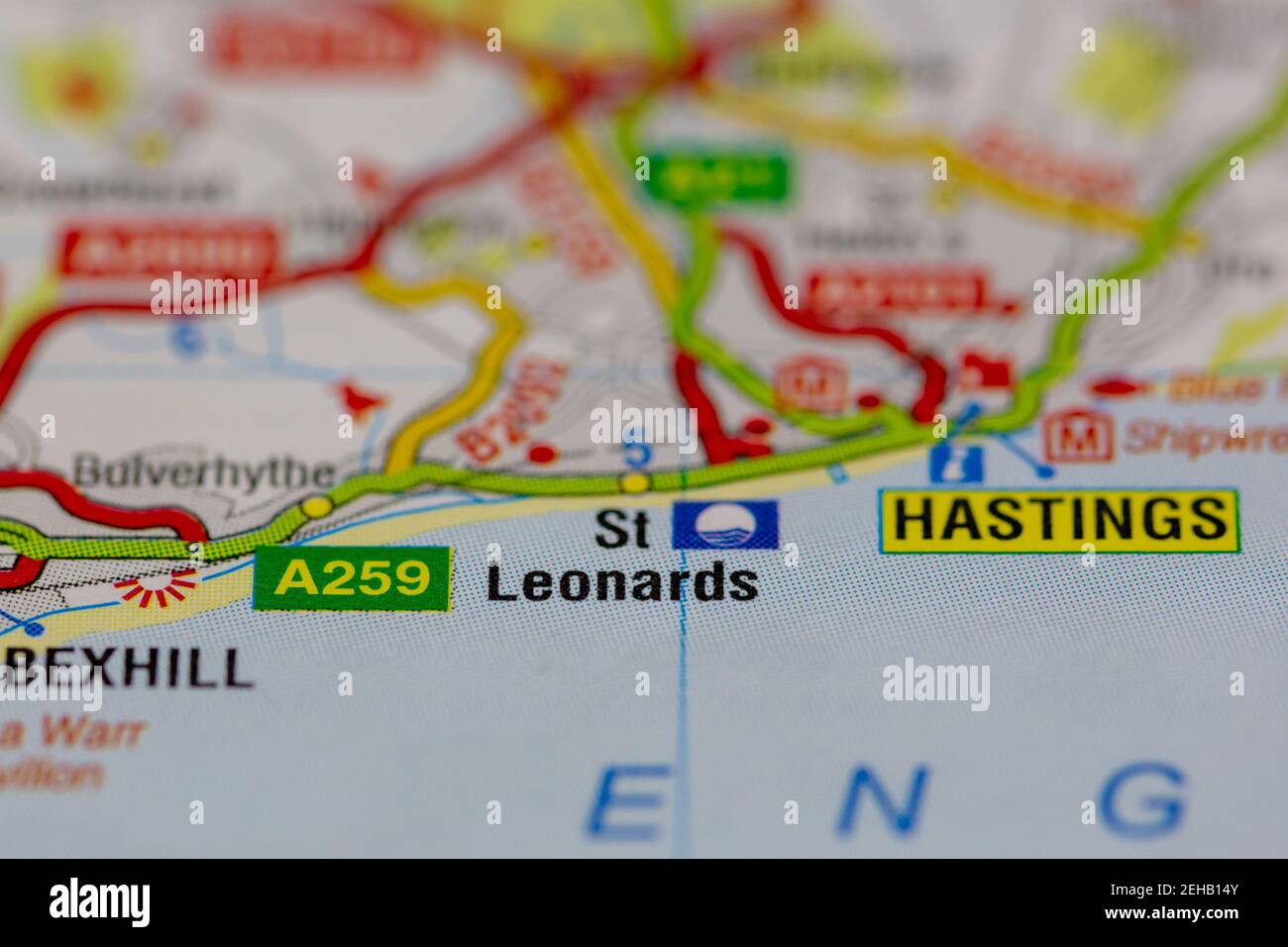 St Leonards und Umgebung auf einer Straßenkarte dargestellt Oder geografische Karte Stockfoto